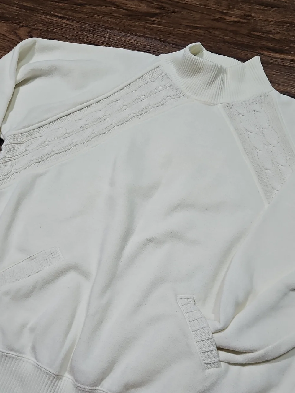 Vintage Carriage Court Cream Mock Neck Sweatshirt Large Cable Knit Trim